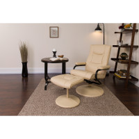 Flash Furniture Contemporary Cream Leather Recliner and Ottoman with Leather Wrapped Base BT-7862-CREAM-GG